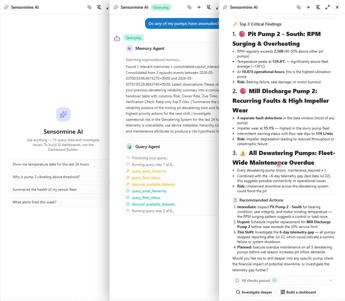 Asking the SensorMine AI agent about pump anomalies: suggested prompts, the live tool calls it runs, and the structured findings and recommended actions it returns