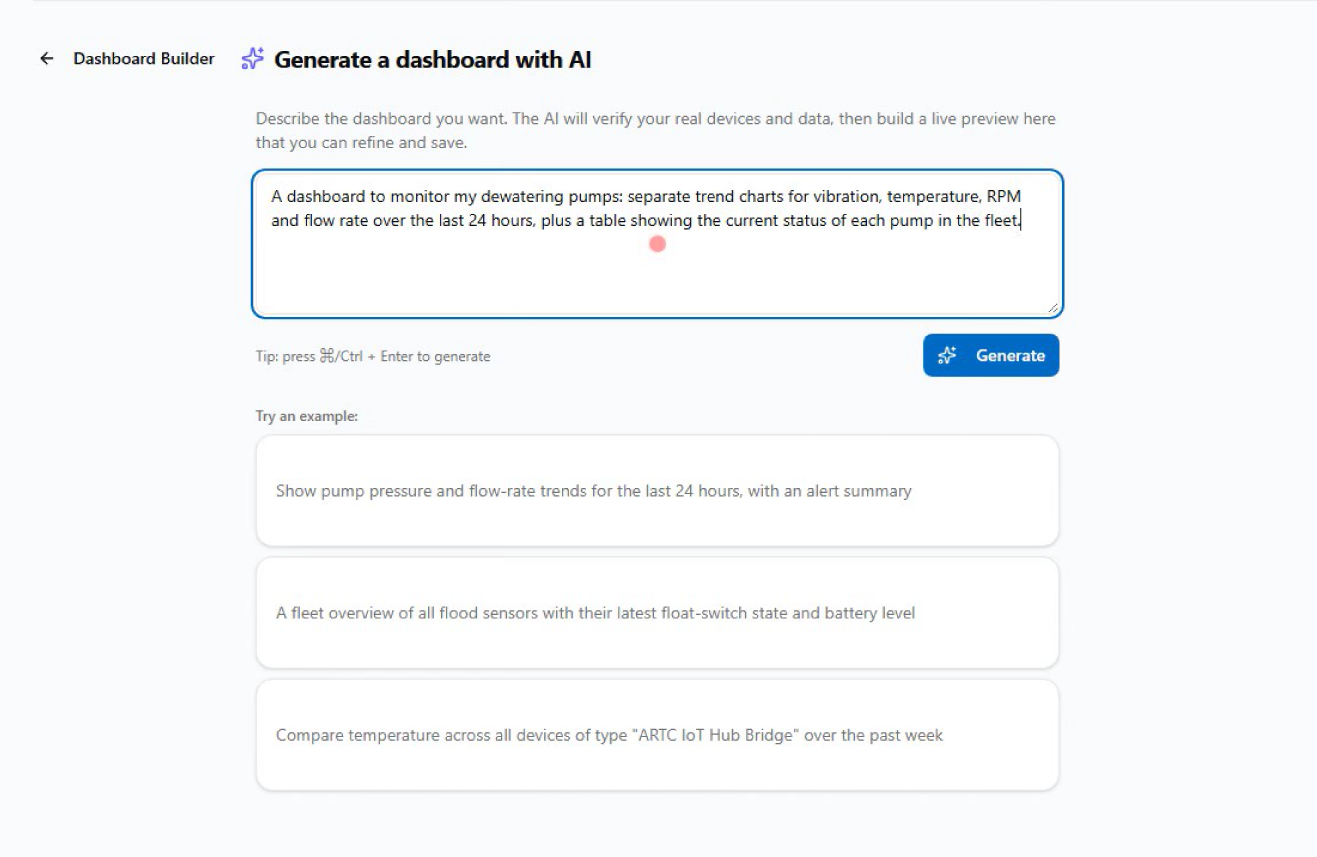 Generate a dashboard with AI in SensorMine: describing the dashboard you want in plain language, with suggested example prompts below