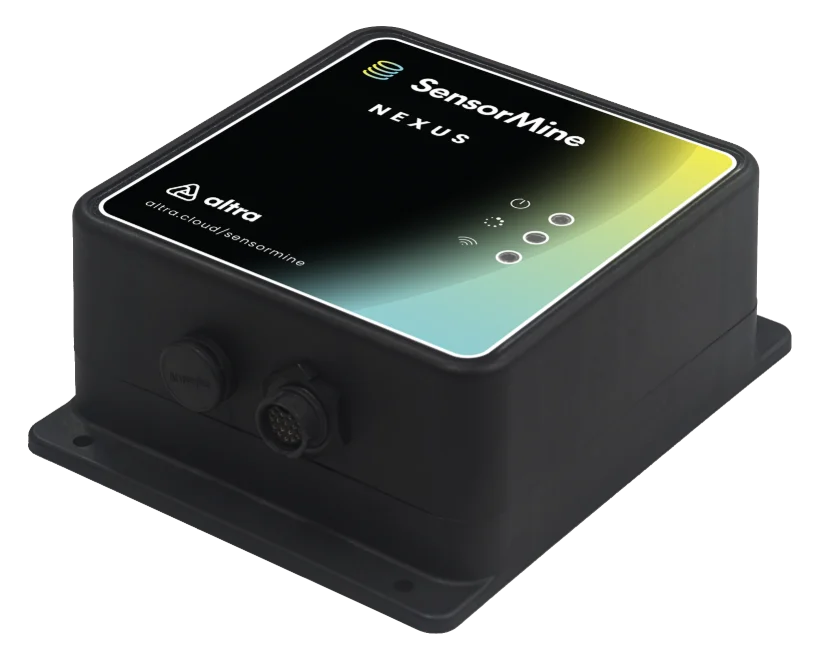 The SensorMine NEXUS industrial IoT edge device shown at an angle, with its sealed rugged enclosure and cable entry glands