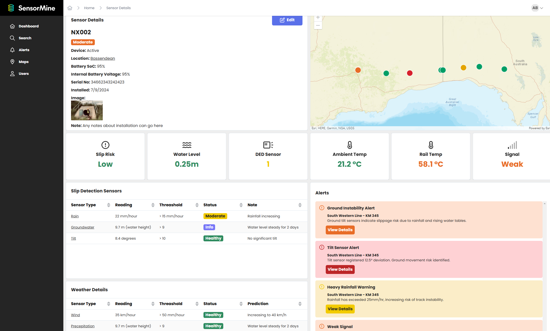 SensorMine rail corridor dashboard